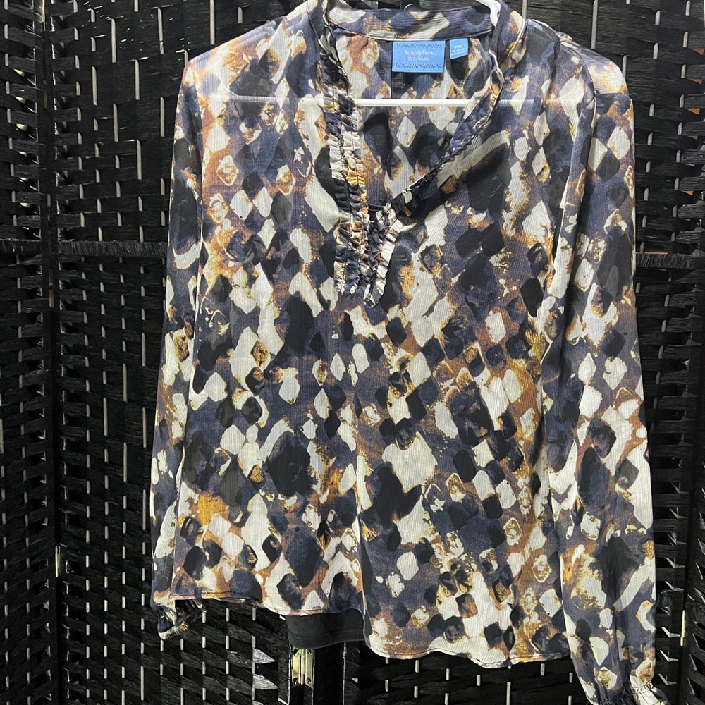 Vera Wang Multicolor Abstract Blouse with black sheer tank under